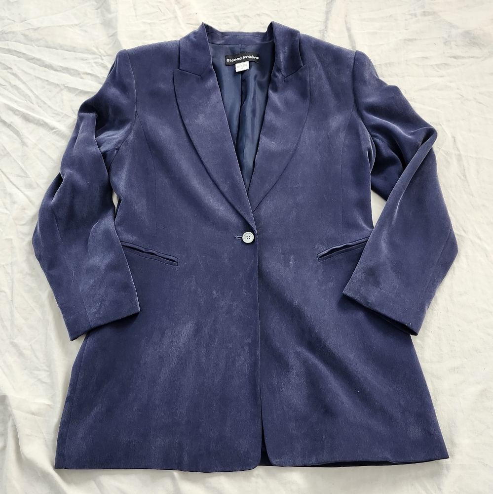 Vintage Bianca Nygard 100% Silk One-Button Navy Blue Blazer, Size 8